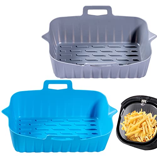 Air Fryer Silicone Pot, 2Pcs Reusable Silicone Air Fryer Liners Basket, Fit for 8QT Non Stick and Food Safe Baking Replacement (Blue+ Gray)