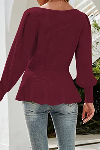 Image of Womens Fall Puff Sleeve Peplum Casual Slim Fit Knit Pullover Sweater Jumper Tops