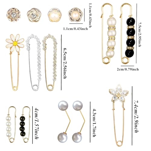Image of 14 Pieces Brooch Safety Pins Pearl Brooch Button Pin Pant Waist Tightener Pins for Clothes Sweater Shawl Collar Dress Cardigan Shirt Jeans Accessories for Women Girls