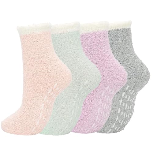 WYLFYJP 4 Paia Calzini Morbidi da Pantofola for Donne E Ragazze Calzini Antiscivolo Calzini da Pantofola Peluche Calzini Invernali Caldi E Accoglienti Calzini Morbidi E Soffici con Impugnature