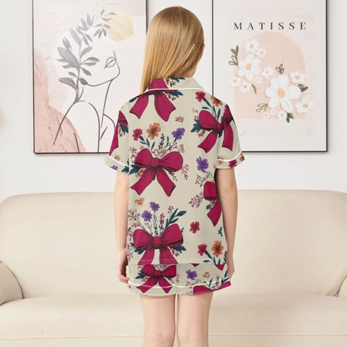 Satin Pajama Sets Short Sleeve Floral Bow Pattern Print Button Down Silky Nightwear 2 Piece PJS 5Y,4