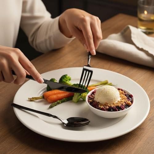 Image of 20 Pcs Black Cutlery Set for Dining Table the Perfect Lightweight Silim Handle Tableware Including Dinner Spoon, Dinner Fork, Dinner Knife, Dessert Spoon & Dessert Fork