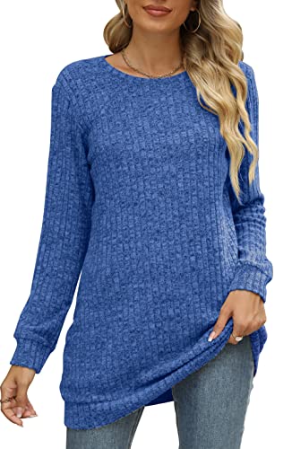 Auremore Long Sweaters for Women Crewneck Casual Tunic Tops to Wear with Leggings Blue X-Large