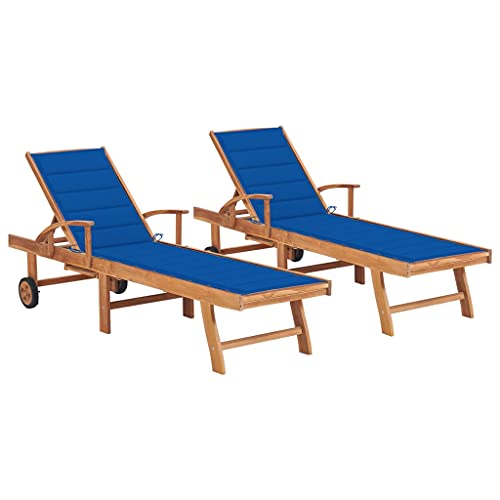 Mokuyary Tumbonas de 2 piezas con cojines de madera maciza de teca, color azul real, para jardín, balcón, terraza, camping, playa, piscina
