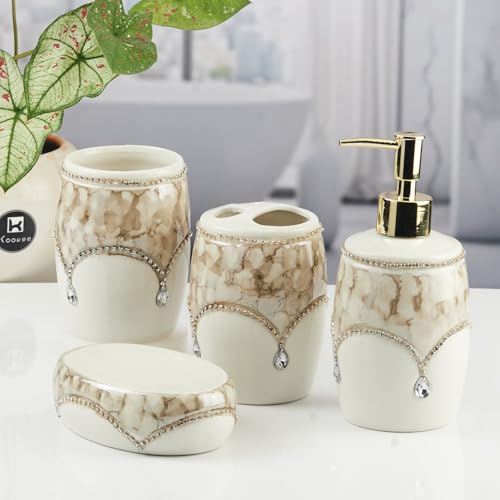 Image of Kookee Ceramic Bathroom Accessories Set - 4 Piece Bath Kit with Soap Dispenser, Soap Dish, Toothbrush Holder & Tumbler | Modern Designer Decor for Home & Guest Bathrooms (11122)