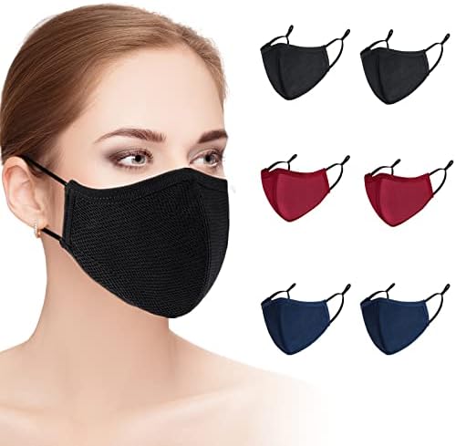 6 Pack Black Cotton Face Masks,Face Masks Washable,Reusable Face Mask,Face Covering,3-Layers Breathable Cloth Face Masks With Adjustable Ear Loops For Women Man (Meduim)/(Large)/(X-Large)