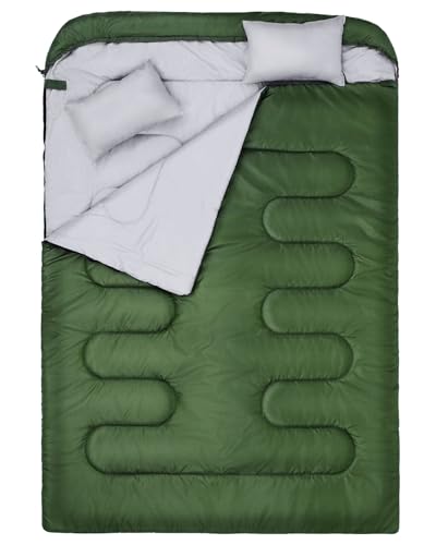 Sportneer - Saco de Dormir para 2 Personas (220 x 150 cm, 3,5 kg, con 2 Almohadas, Cuatro Cremalleras Dobles, para Adultos, para Familia), Color Verde