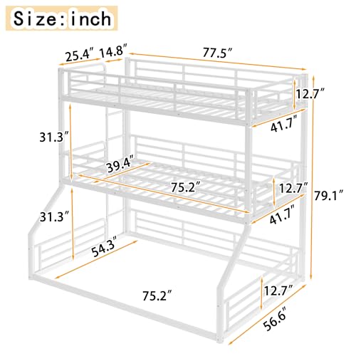 Image of Twin Over Twin Over Full Bunk Bed with Safety Guardrails, Modern Metal Triple Bed Frame for Kids, No Box Spring Required, White