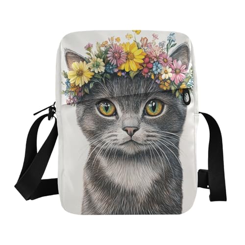 Small Messenger Bag Cat Flower Crown White Crossbody Bag for Men Women Cellphone Wallet Side Bag for Cycling Hiking Running