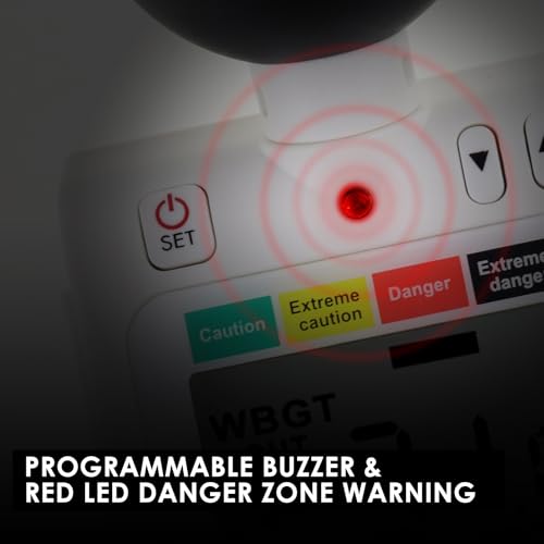 Tragbar 2 in 1 WBGT + HI Hitzeindex-Checker Feuchtkugel-Globus Temperatur-Hitzestressmessgerät Lufttemperatur-Feuchtigkeitstester mit Akustischem Alarm zur Anzeige Gefährlicher Füllstände