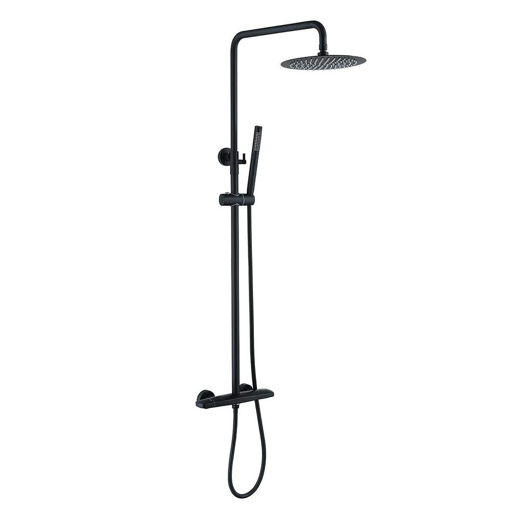 NGDFGR Wall Mounted Shower Column Set, 10" Rainfall Shower Head Exposed Thermostatic Shower, 2-Functional Shower Fixtures With Brass Valve, Height Adjustable With Hand Shower,Br,Matte Black