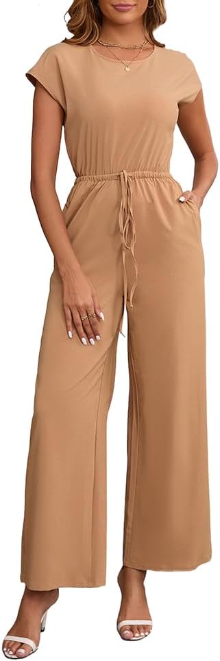 Women's Casual Loose Jumpsuits Crew Neck Short Sleeve Wide Leg Pant Rompers One Piece Outfits with Pockets