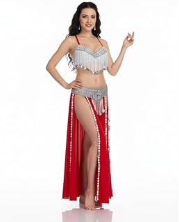 زي رقص شرقي احترافي من جازيل، حمالة صدر مزينة بالترتر وحزام للورك مع شراشيب فضية وتنورة منقسمة، زي رقص شرقي انيق للمسرح والرقص الشرقي، احمر