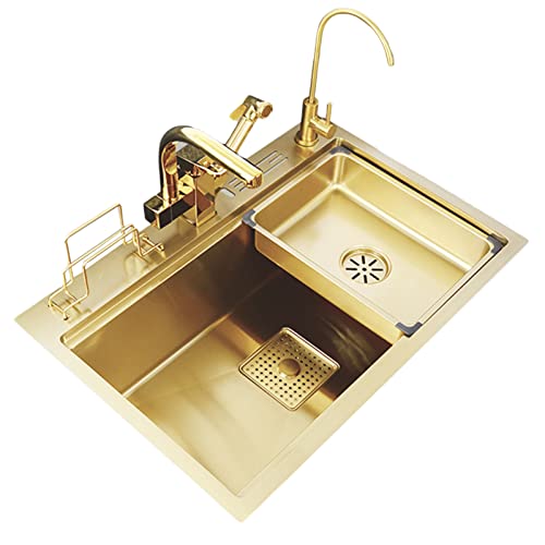 INGVY Fregadero de Cocina Nano Gold Nuevo Fregadero de Cocina de Barra Grande Fregadero de Acero Inoxidable 304 Fregadero de Cocina para el hogar con Soporte para Herramientas de Grifo de Pistola