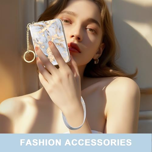Image of Aiawoxc Credit Card Holder, Small RFID Wallet Slim Leather Card Organizer Case with Zipper and Wristlet Strap, Grey Marble