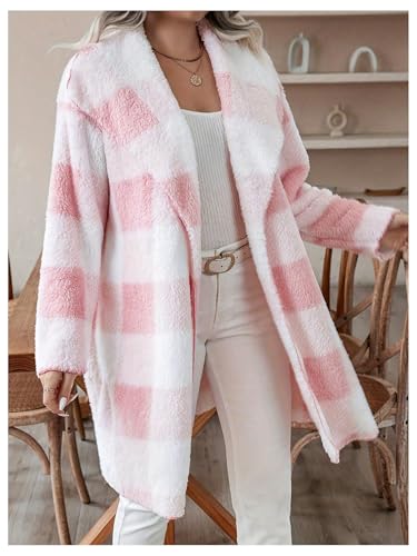 Image of SOLY HUX Women's Plus Size Plaid Cardigan Fuzzy Fleece Lapel Open Front Long Sleeve Outerwear Coat Pink Plaid XX-Large Plus