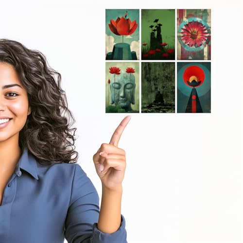 Image of SiddArtify Red - Green Lotus Flower Art Print Set - Set of 2-4x6 Inch - Board (Pack of 6) - Sticker (Pack of 6) Wall Room Decoration art Poster Prints