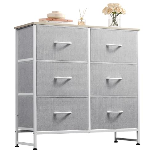Image of WLIVE Fabric Dresser for Bedroom, 6 Drawer Double Dresser, Closet Dresser with Fabric Bins, Chest of Drawers for Closet, Living Room, Hallway, Light Grey
