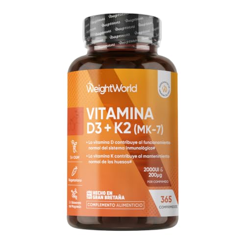 Vitamina D3 y K2 2000 UI + 200 µg - 365 Comprimidos de Vitamina D y MK7-1 Año de Suministro - La Vit D contribuye al mantenimiento de los huesos en condiciones normales (EFSA), Vegetariano y Sin OGM