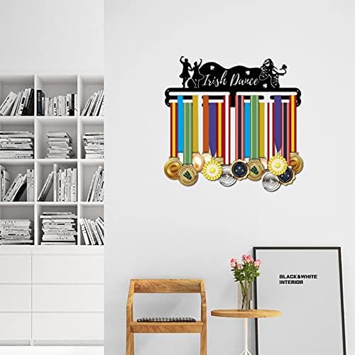 SUPERDANT Irish Dance Theme Medal Holder 60+ Medals Display Frame Black Iron Wall Mounted Hooks for Competition Medal Holder Display Wall Hanging 40x15cm