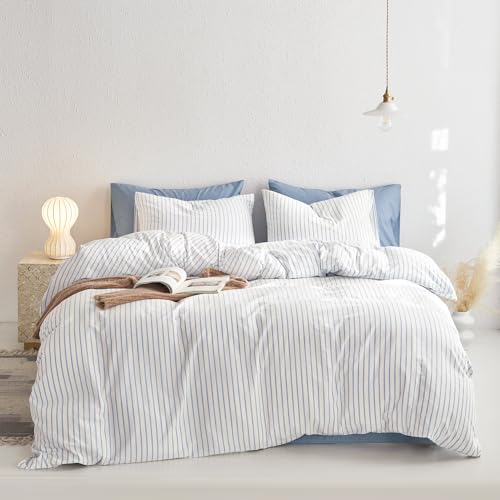 Image of Wake In Cloud - Striped Cotton Duvet Cover Set, Ticking Stripe Vertical Pinstripe Farmhouse, 100% Washed Cotton Textured Bedding Set, 3 Pieces, Blue White, King Size