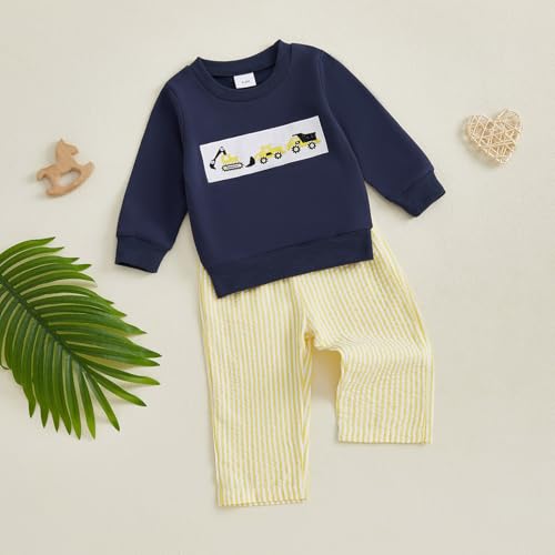 Thorn Tree Toddler Baby Boy Fall Outfits Long Sleeve Digger Vehicle Embroidery Sweatshirt Strip Pants Warm Clothes Set3