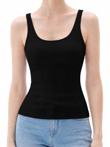Womens Ribbed Tank Top Built in Bra Square Neck Sleeveless Basic Scoop Neck Crop Going Out Slim Fitted Y2k Clothes (Black,XL)