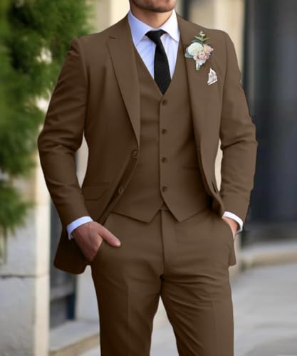 Men's Slim Fit Suit Set 3 Piece Suits for Men Regular Fit Solid Blazer for Business Wedding Prom with a Tie,Brown,L2