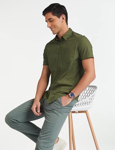 Image of Amazon Brand - Symbol Men's Cotton Shirt | Casual | Plain | Half Sleeve - Regular Fit (Available in Plus Size) (Navy + Olive M) (Combo Pack of 2)