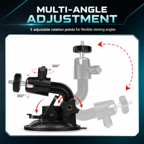 Image of Car Suction Cup Mount with 360 Adjustable Folding Arm | Action Camera Adapter & Smartphone Holder for Windshield, Dashboard, Glass and Smooth Surfaces