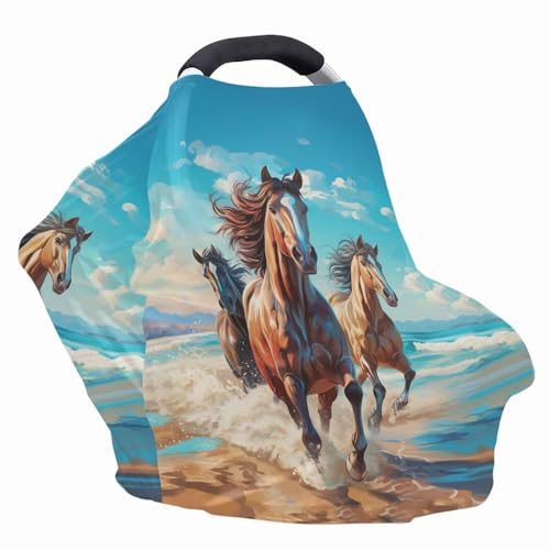 Image of ZFRXIGN Horse Nursing Covers for Breastfeeding and Car Seat Baby Car Seat Covers, Infant Stroller Cover, Carseat Canopy Carseat Cover Girls Blue Beach Sky