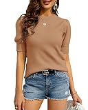Bodosalia Womens Puff Short Sleeve Sweater Crew Neck Pullover Tops Ribbed Knit Sweater Blouse Khaki