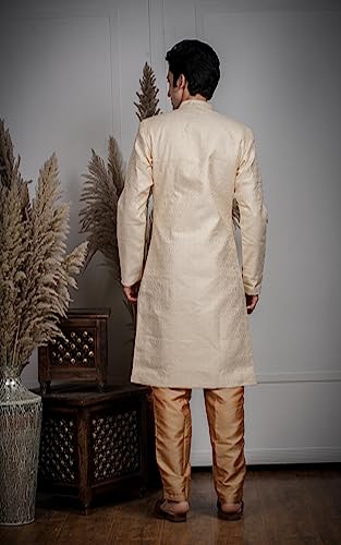 Image of Amzira Men's Soft Cotton Indo Western Kurta Pyjama Set with Mandarin Collared Neck Long Sleeves Button Closure and Solid Pant