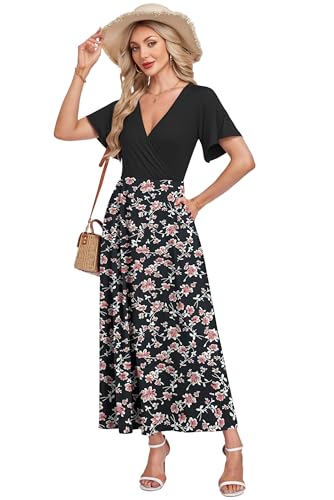 AUSELILY Boho Kleid Damen Lang Bodenlang Hohe Taille Lässiges Lockeres Sommerkleid mit Taschen Schwarz Rot Blume 2XL 2