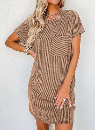 Image of Acelitt Womens Casual Summer Crewneck Short Sleeve Ribbed Mini Tshirt Dress, XS-3XL