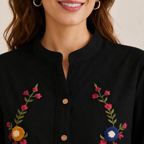 Image of RIEKA Womens Off White Cotton Shirt with Multicolour Floral Embroidery Button Down Mandarin Collar Relaxed Fit Casual Wear Top