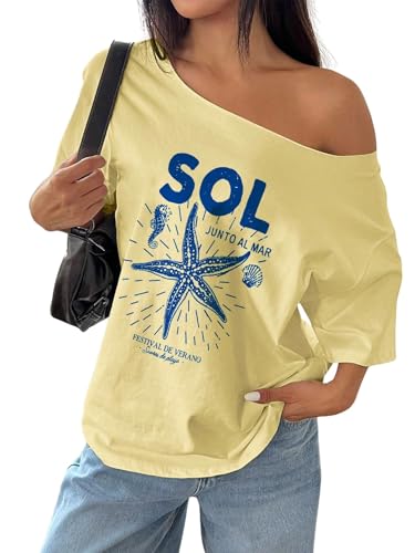 Image of SXV STYLE SOL Women Summer Loose Asymmetrical Neck Cocktail Fruit Orange Y2K Graphic Oversized T-Shirt