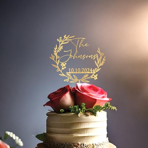 Custom Wedding Cake Topper – Personalized Name & Wreath Design - Handwritten font topper with floral wreath
