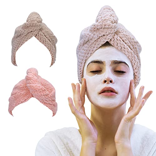 Microfiber Hair Towel - 2 Pack Hair Towels for Women, Microfiber Towel for Hair, Super Absorbent Quick-Dry Hair Drying Towel with Button Design, Hair Turbans for Wet Hair 10 x 26 Inches