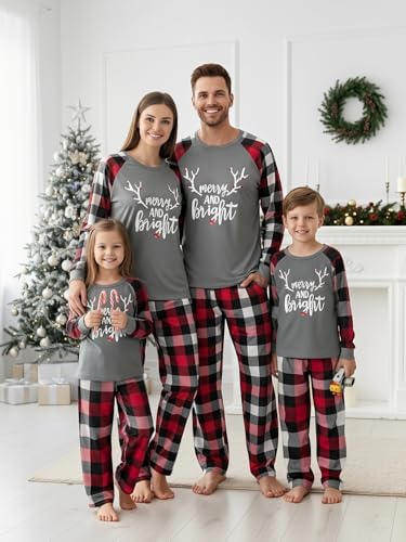 Image of IFFEI Matching Family Pajamas Sets Christmas PJ's with Letter and Plaid Printed Long Sleeve Tee and Bottom Loungewear