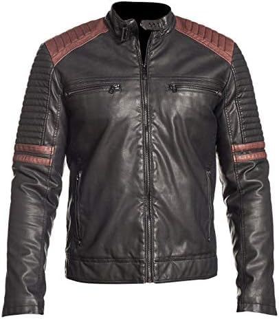 Image of Men's Leather Jacket Cafe Racer Biker Style Retro Stripes Jacket, Motorcycle Racing Leather Jacket Men