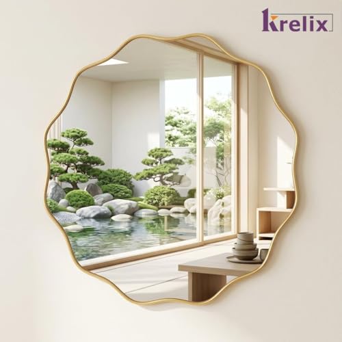 Image of 18 x 18 Inch Gold Irregular Wall Mirror - Modern Asymmetrical Design with Plastic Frame, Decorative Wall Mirror for Living Room, Bathroom, Bedroom & Entryway (Gold, Wave Round)