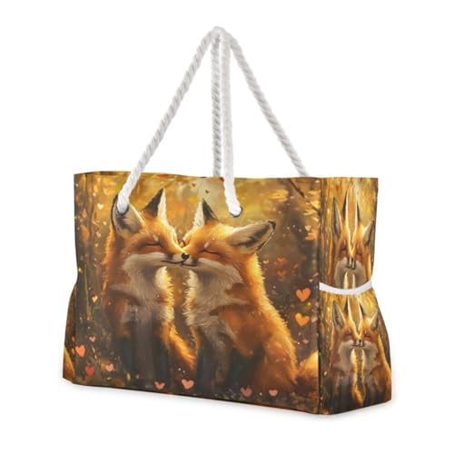 Two Foxes Kissing Beach Bag & Travel Tote Bag Large Sandproof with Zipper Closure, Wet Pouch for Swim Gym Travel, Lightweight Foldable Outdoor Bag