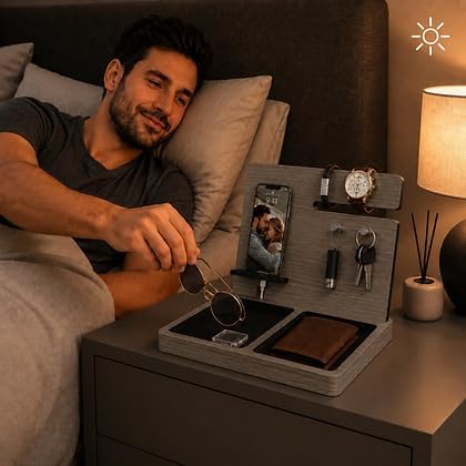 Namore Nightstand Organizer for Men – Wood Phone Docking Station & Bedside Valet Tray Organizer for Wallet, Watch & Keys – Unique Gifts for Men, Husband, Dad image 5