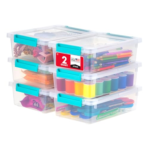 Image of IRIS USA 2 Qt. Craft Storage Bins with Lids, 6-Pack, |Made in USA|, Clip Box, Small Plastic Sensory Bin Tote Organizer Containers for Art Supplies, Paper, & Office, Stackable - Clear /Seafoam Blue