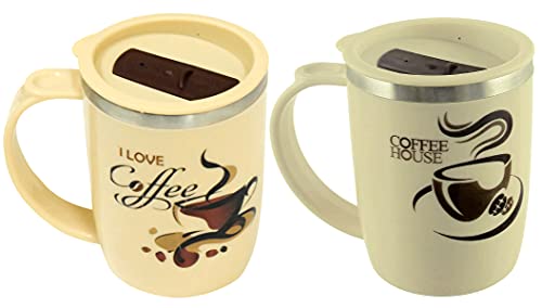 Image of Kuber Industries Insulated BPA Free Plastic Coffee Mug with Lid Pack of 2 (Cream & Coffee)