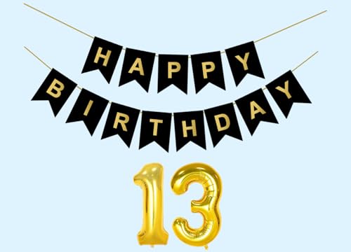 Image of 13th Happy Birthday Decoration Kit Black for 13 year Old Boys Girls Teenage with Number ThirteenParty Decorations Decor Celebration Items Item Set Combo Reusable Paper Banner