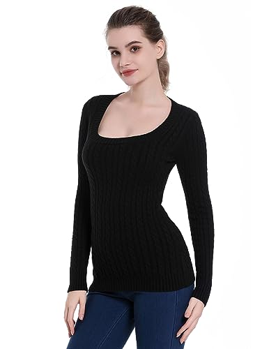 AmélieBoutik Women Scoop Neck Cable Knit Long Sleeve Sweater Top3