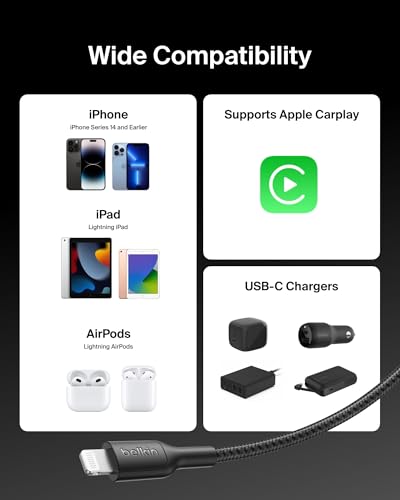 Image of Belkin Apple Certified Nylon Braided USB C to Lightning Cable 2 Meter - MFi Certified 18W iPhone Charger Cord - Apple Charger Cable - Fast Charging for iPhone 14, 13, iPad, Airpods - Black