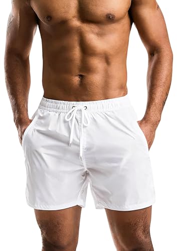 YiShiJie White Mens Swim Trunks 5 Inch Quick Dry Board Shorts for Men Bathing Suits Swimming Trunks Beach Shorts with Mesh Lining M